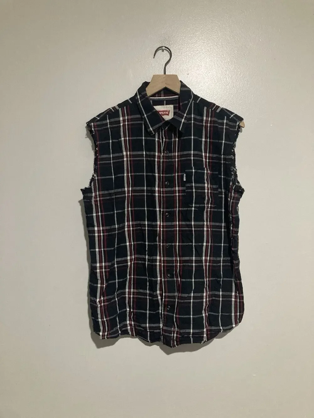 Levis Cutoff Sleeveless Shirt Vest Mens M Black Red White Button Down Flannel